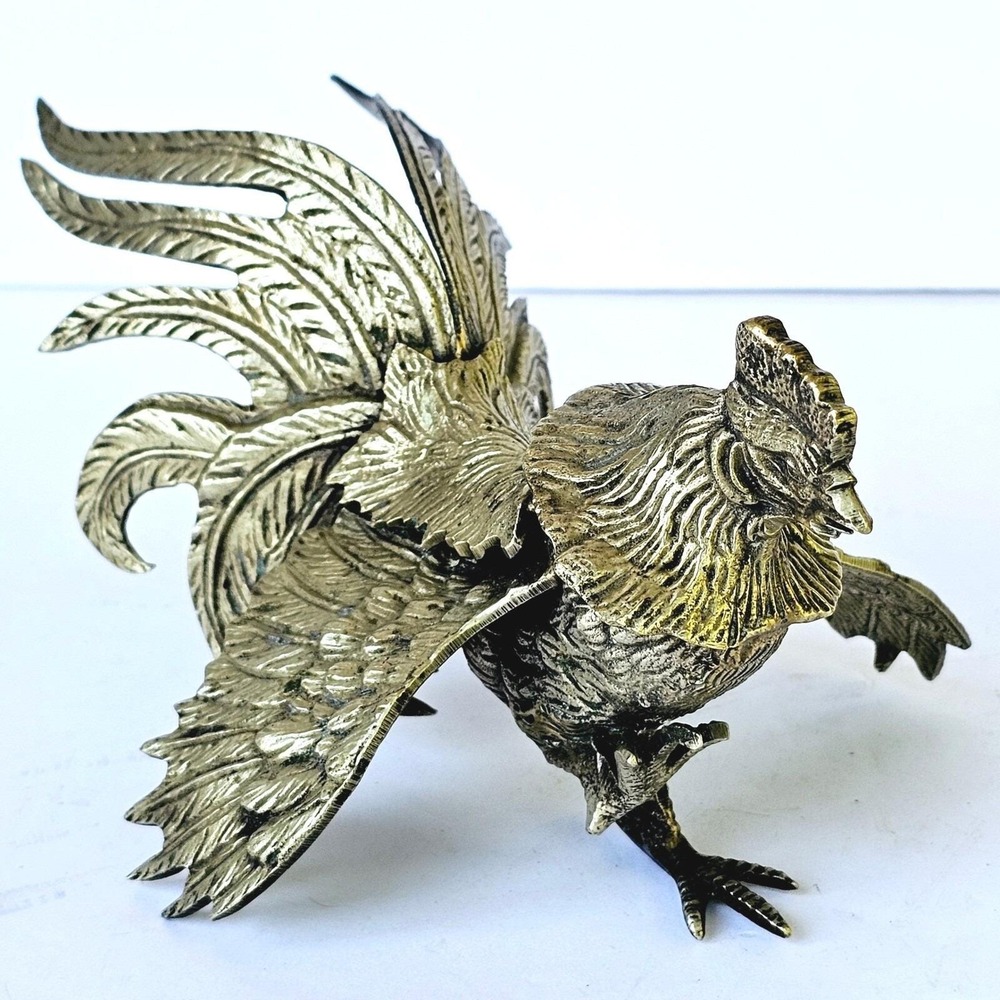 Vintage‎ Brass Fighting Rooster Figurine Gamecock Statuette Farmhouse Decor 8in